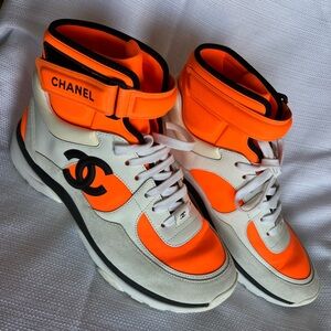 CHANEL Vibrant Orange and White Sneakers